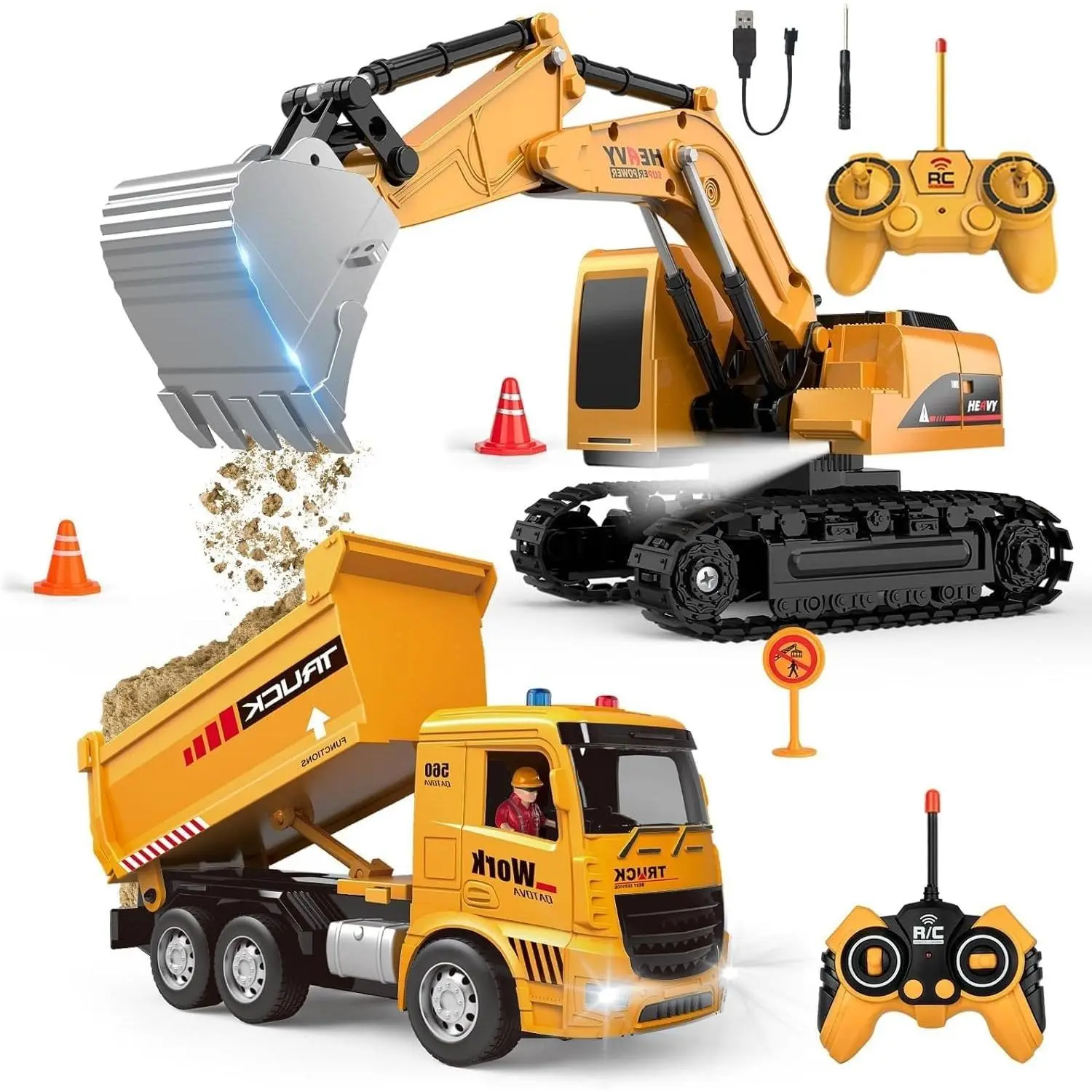 2-in-1 RC Construction Vehicles – Remote Control Bulldozer & Dump Truck for Kids, Durable Heavy-Duty Off-Road Toy, 2.4GHz Remote, Perfe