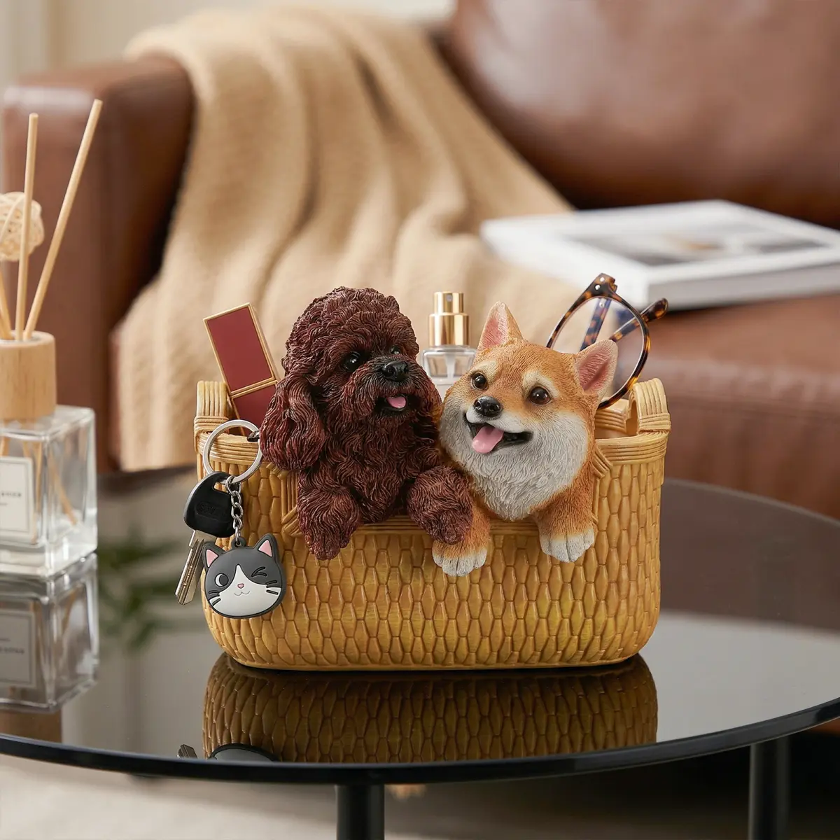 Polyresin Poodle & Shiba Inu Couple Puppy Statue with Basket, Cute Animal Sculpture Decor for Entryway Key Storage & Candy, Best Friends Home Organizer Gift