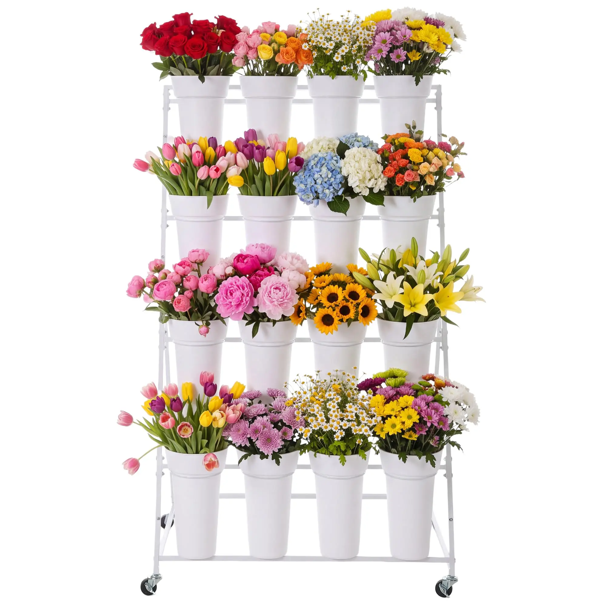 Rolling Flower Display Stand with 16 Buckets, 4-Tier Metal Flower Cart for Wedding, Flower Shop, Garden & Patio
