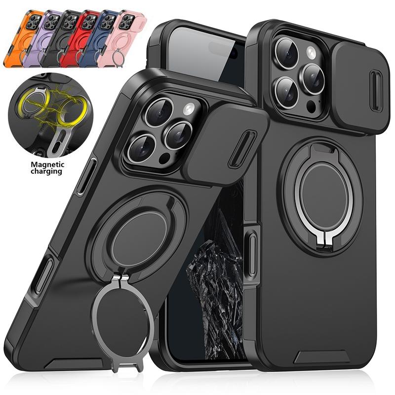 Shockproof Phone Case with Sliding Camera Cover, 360 Rotating Ring Kickstand Stand Phone Case, Phone Accessories for iPhone 17 16 15 14 13 12 Pro Max Plus Air, Casing Military Grade Anti-Drop Magnetic  Multi-function Outdoor Sports Swimming phone case