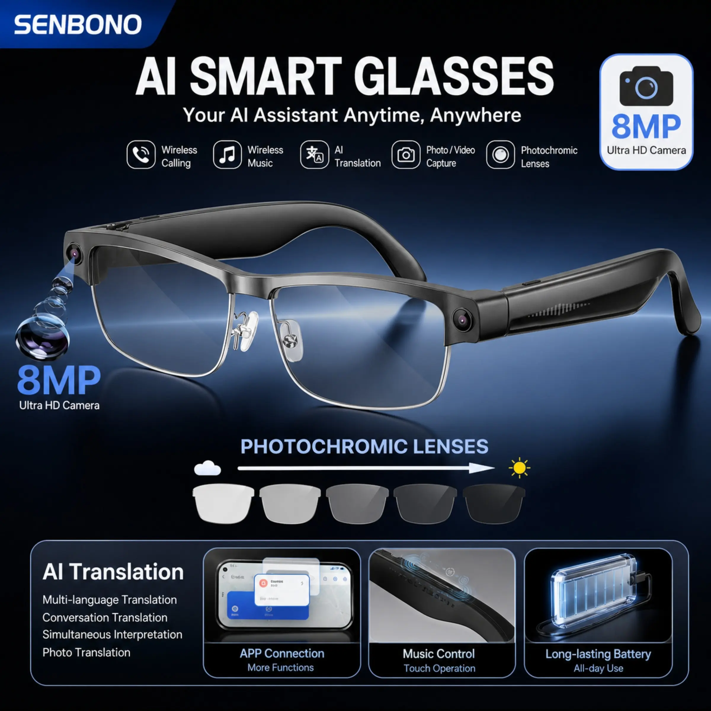 Intelligent AI camera glasses with 8MP high-definition camera, AI voice assistant, real-time translation, image recognition, wireless calling and music, photo and video recording, hands-free smart glasses for travel and daily use