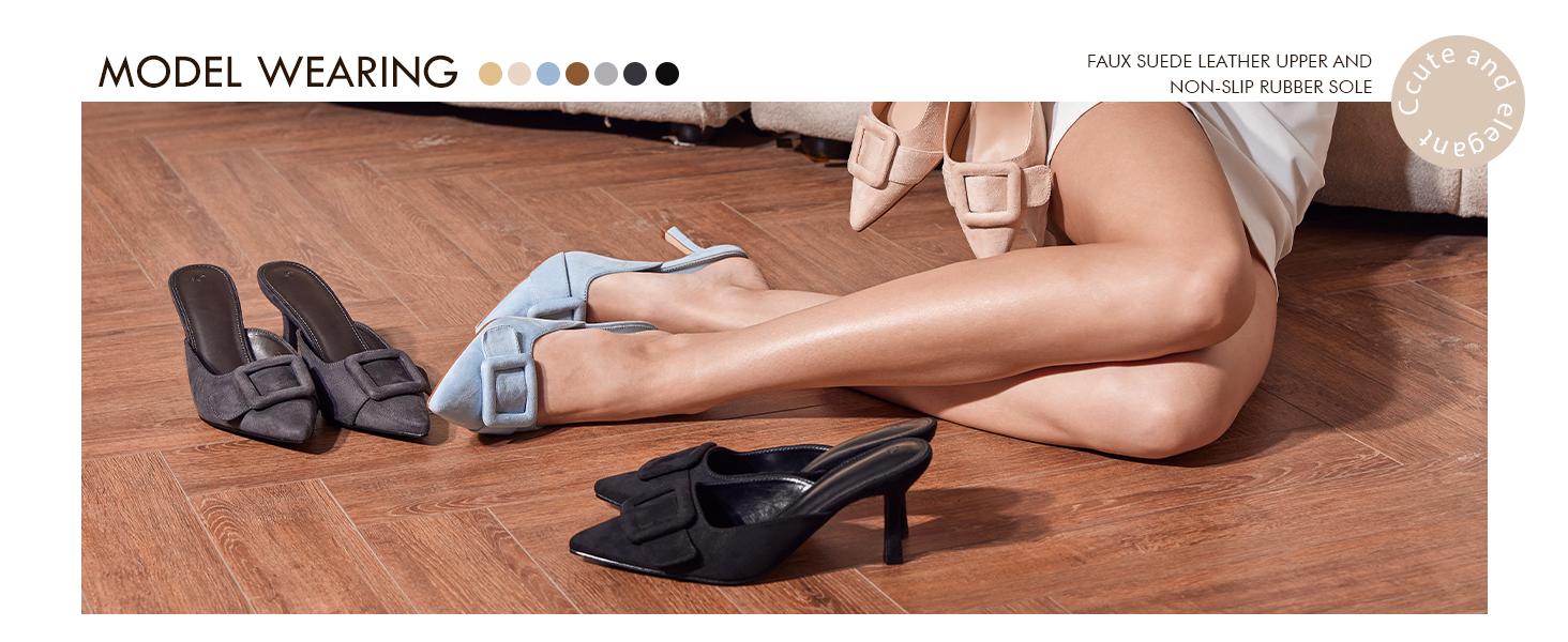 Coutgo Women's Heeled Mules Pointed Toe Suede Buckle Slip On Sandals Kitten Heels Party Wedding Shoes