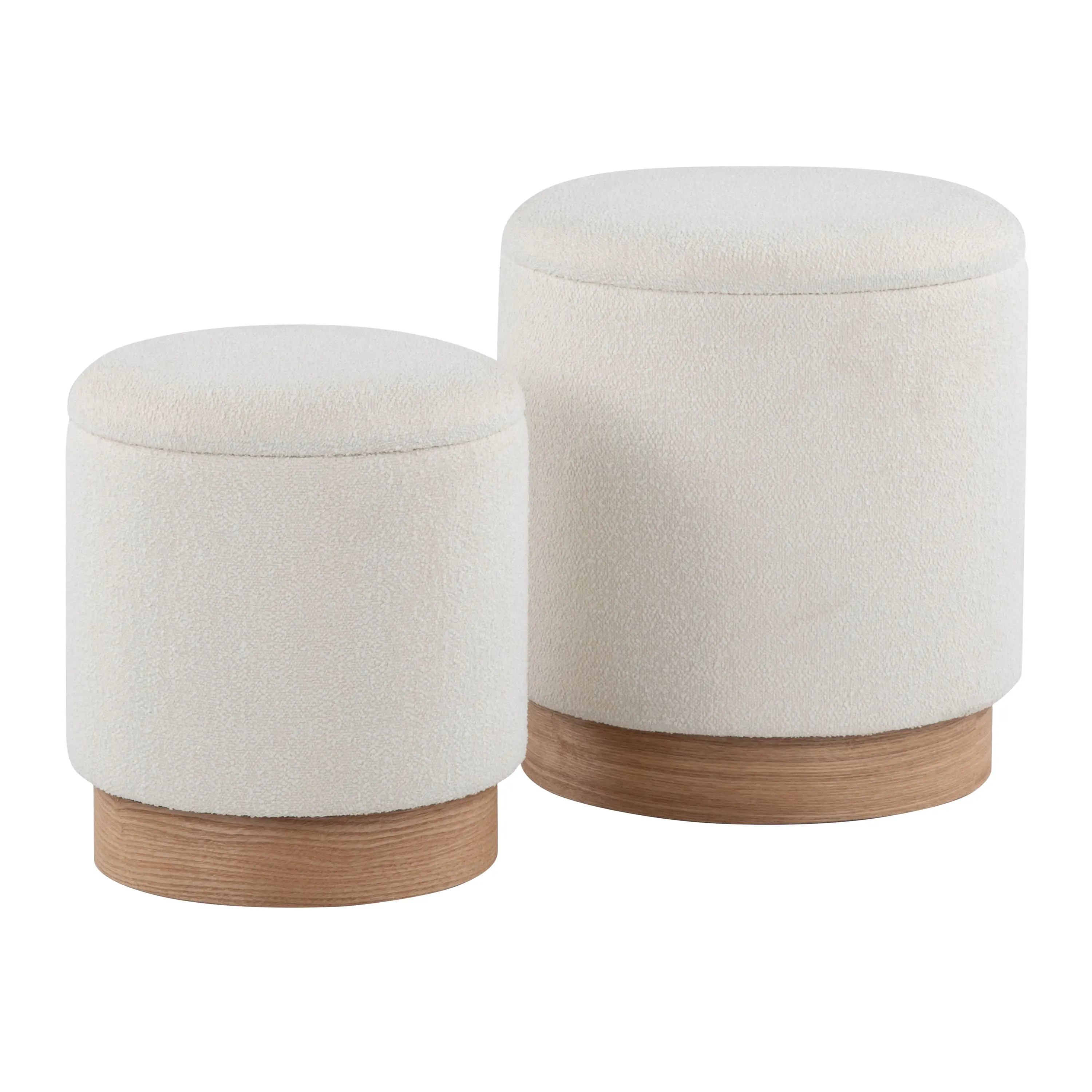 Nokaa Contemporary 2-Piece Nesting Ottoman Footstools Set, Cream Fabric Upholstery, Natural Wood Base, Space-Saving Furniture for Living Room, Modern Accent Furniture, No Assembly Required