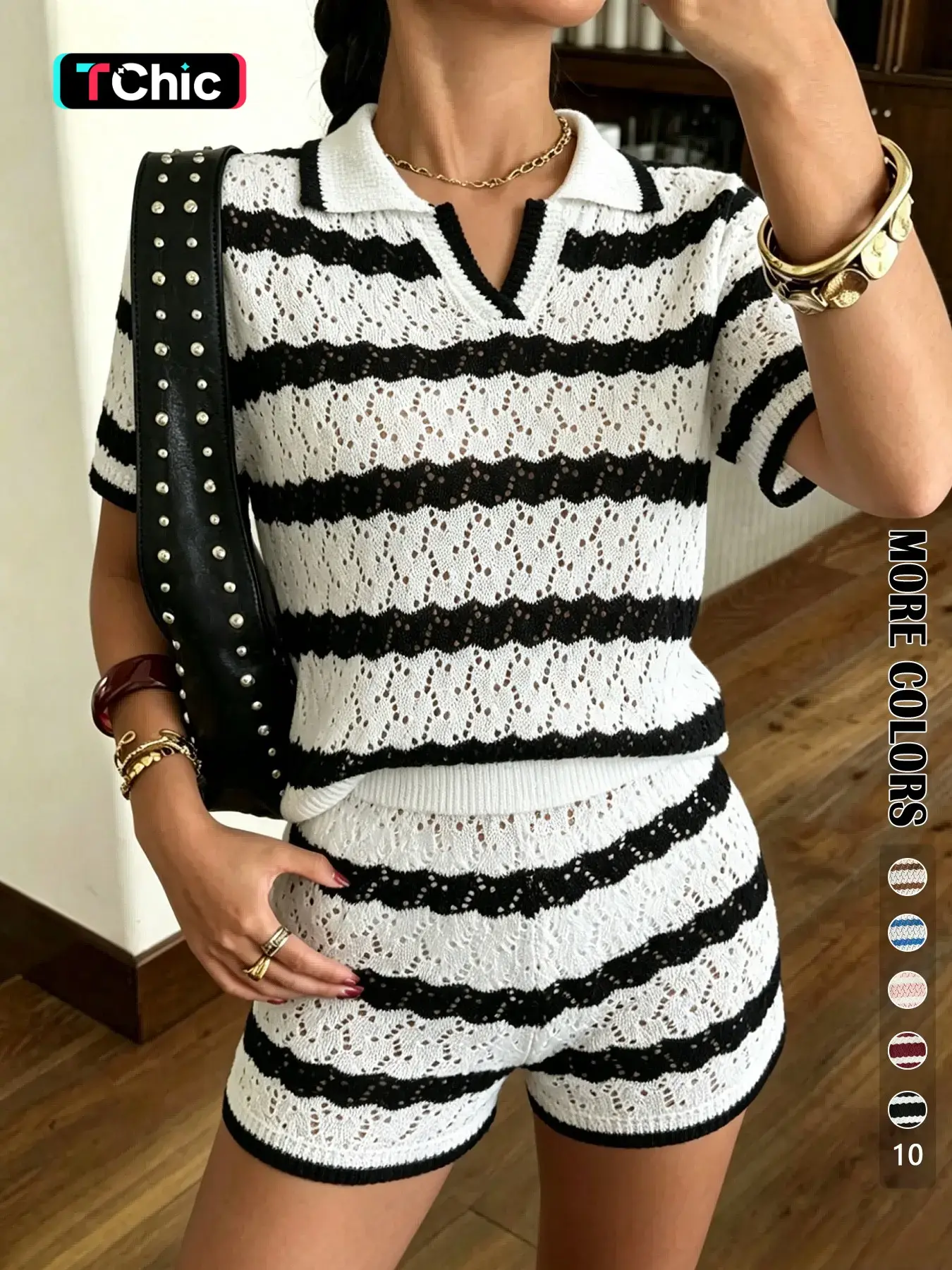 Summer Women's Striped Polo Neck Short Pants Top Set, Fashion Casual Loose Fit Hollow Out Cutout Thin Lightweight Breathable Knit Viscose Resort Two-Piece Set