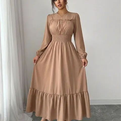 Elegant Round Neck Long Sleeve Dress, Casual Boho Fashion Ruched Wooden Trim Waist Cinching Design, Spring & Fall Fashion, Pure Color Solid Midi Dress Lady Womenswear, Casual Chic Dress
