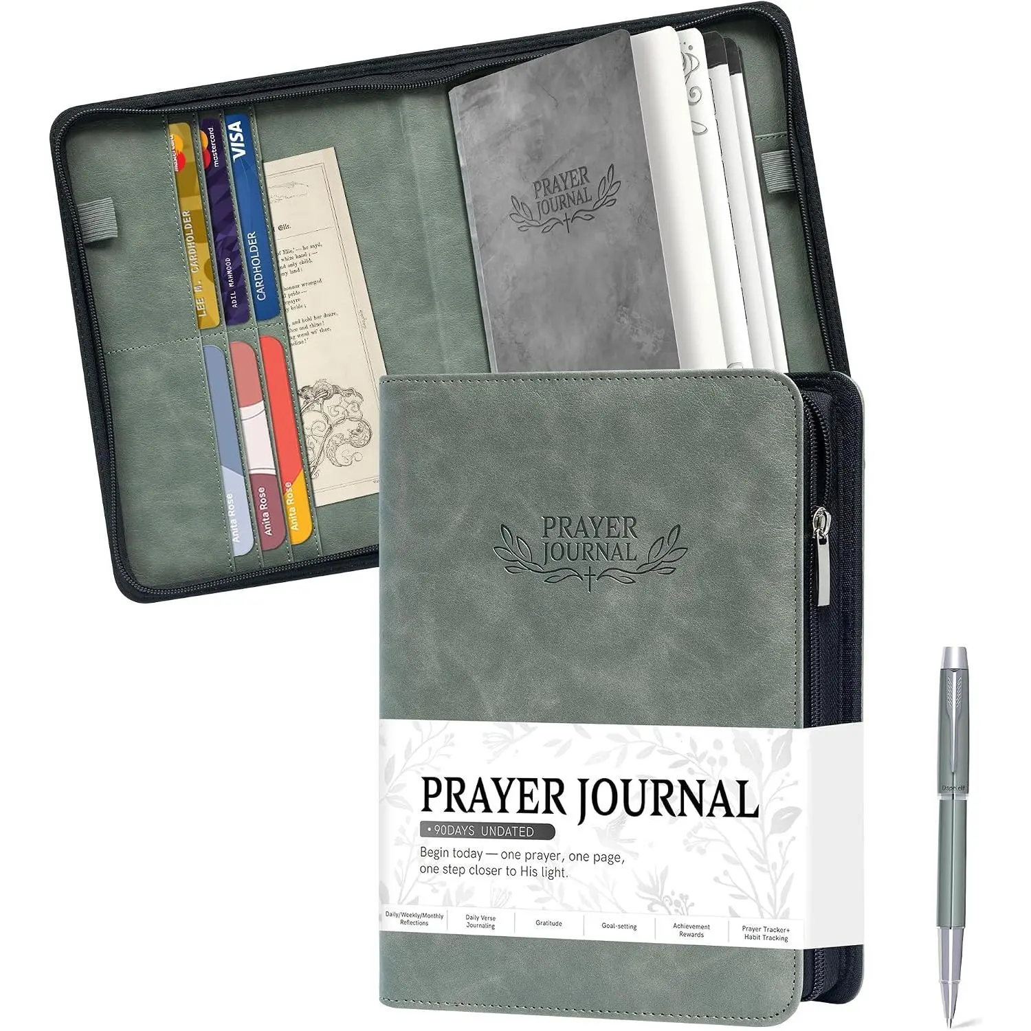 Prayer Journal Zippered Faux Leather Christian Daily Devotional  Scripture Study  Notebook Planner for Reflection Gratitude  for  Faith Believers Men Women Undated 3 Months Green
