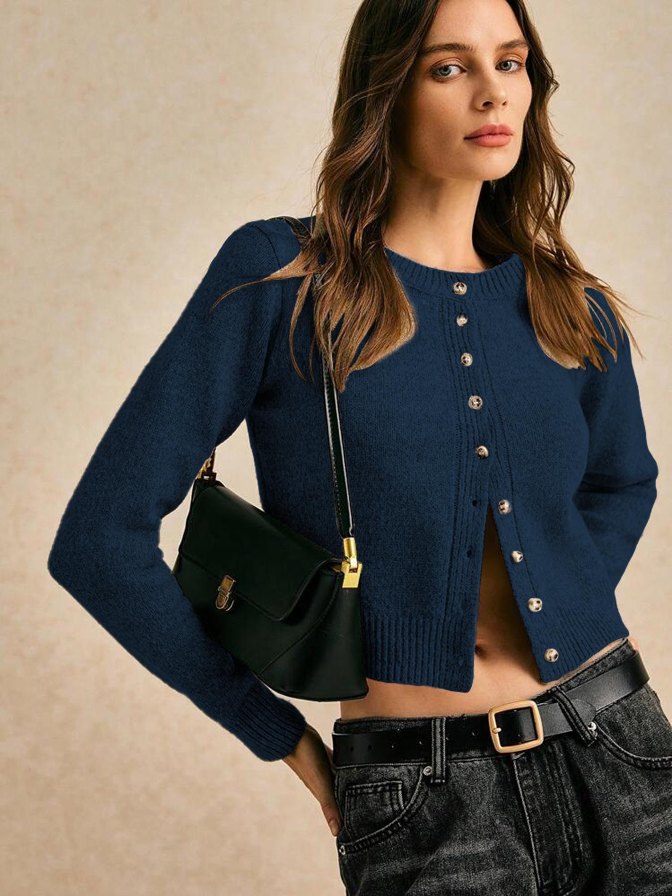 Women's Plain Fitted Crop Sweater Cardigan, Casual Long Sleeve Button Front Cardigan for Daily Wear, Ladies Knitwear for All Seasons, Tops, Womenswear