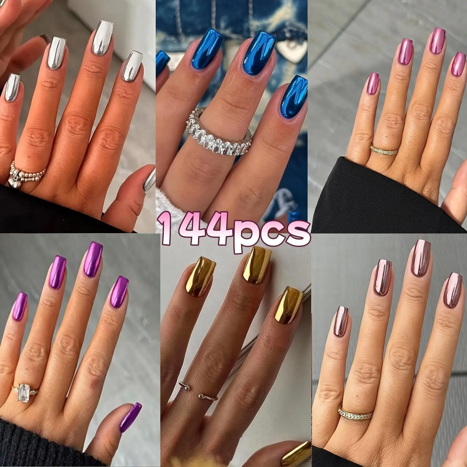 144Pcs Chrome Press On Nails Short Square Fake Nails Set Metallic Mirror Effect Reusable False Nails Full Cover Artificial Nails for Women Manicure Salon DIY Nail Art Salon Quality Nails