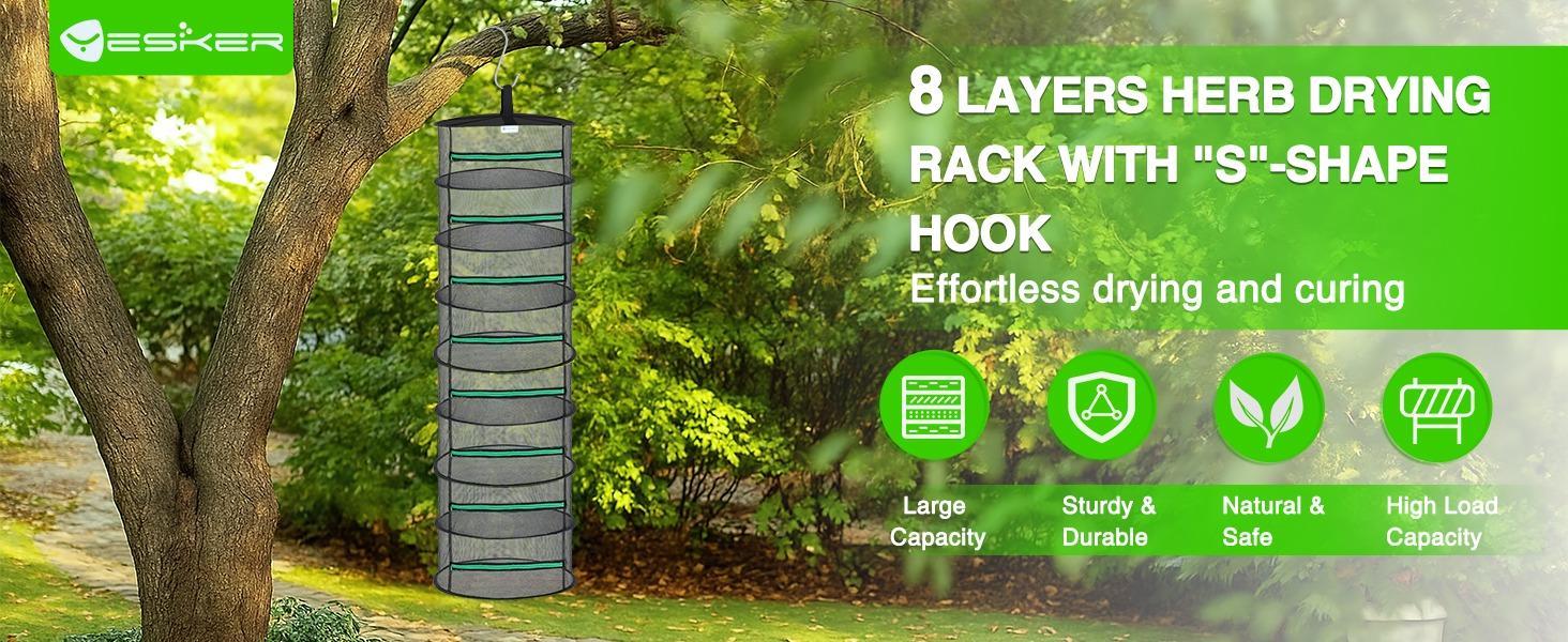 Yesker 8 Layer Herb Drying Rack Hanging Mesh Net Foldable Plant Drying Racks 24" Diameter with Green Zipper & Hook Dryer Hanging Rack for Herbs Seed Bud Fruit Clothes Grow Tent Closets Garden Outdoor
