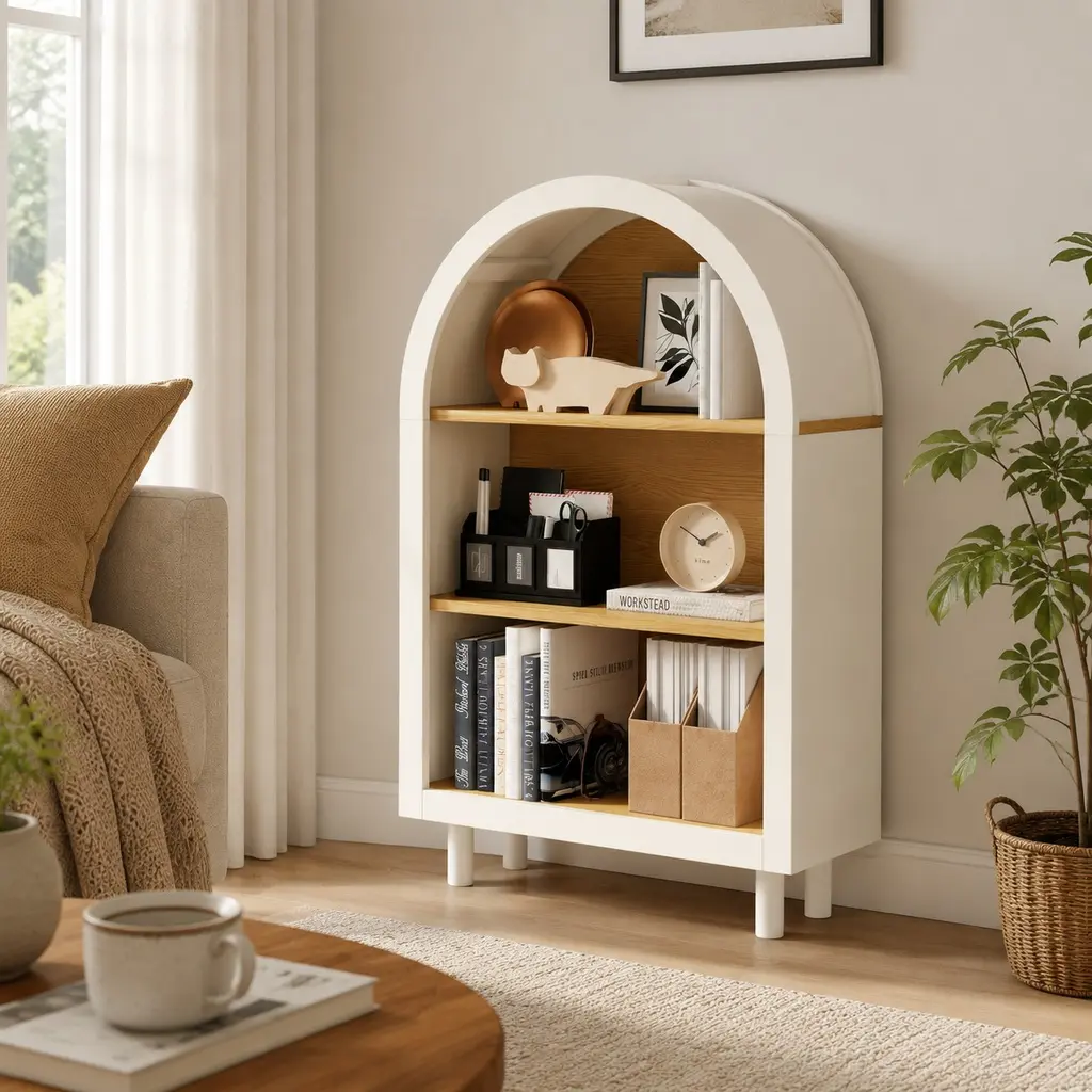 ARCH Arched Small Bookcase with 3 Shelves, Modern Wooden Storage Cabinet, White with Woodgrain Shelves, 3-Tier Display Shelf for Living Room, Bedroom, Entryway, Home Office Organizer, 23.6"W x 9.5"D x 37.4"H, Oak Color Options, Engineered Wood Materi