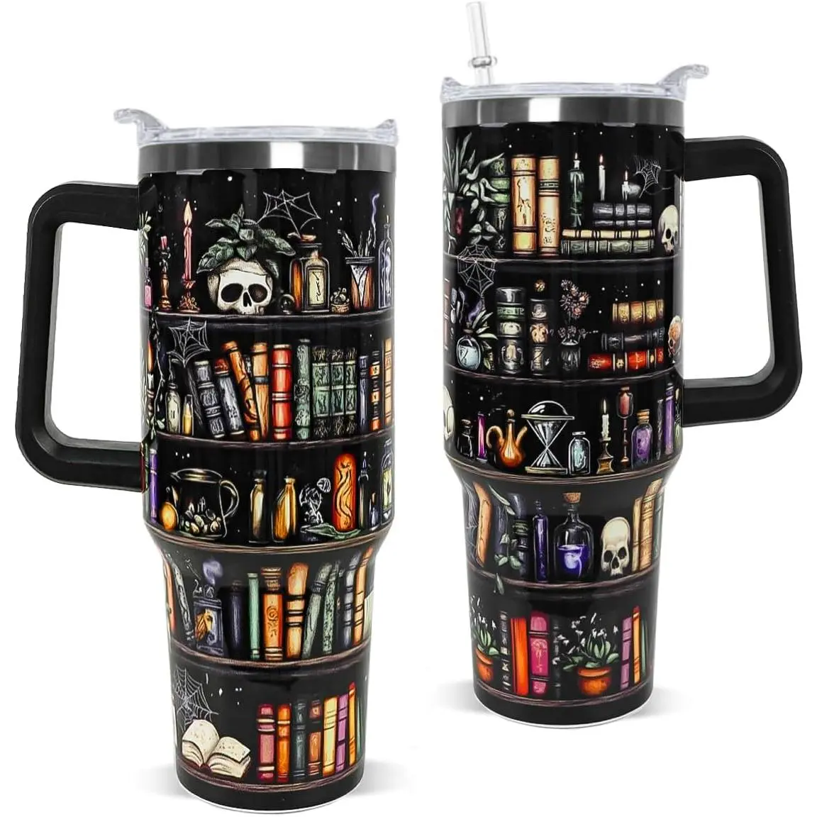 40oz Stainless Steel Insulated Vacuum Flask Tumbler - Goth Skull Bookshelf Full Wrap, Leak-Proof Travel Mug, Halloween Gift for Bookish Women Readers