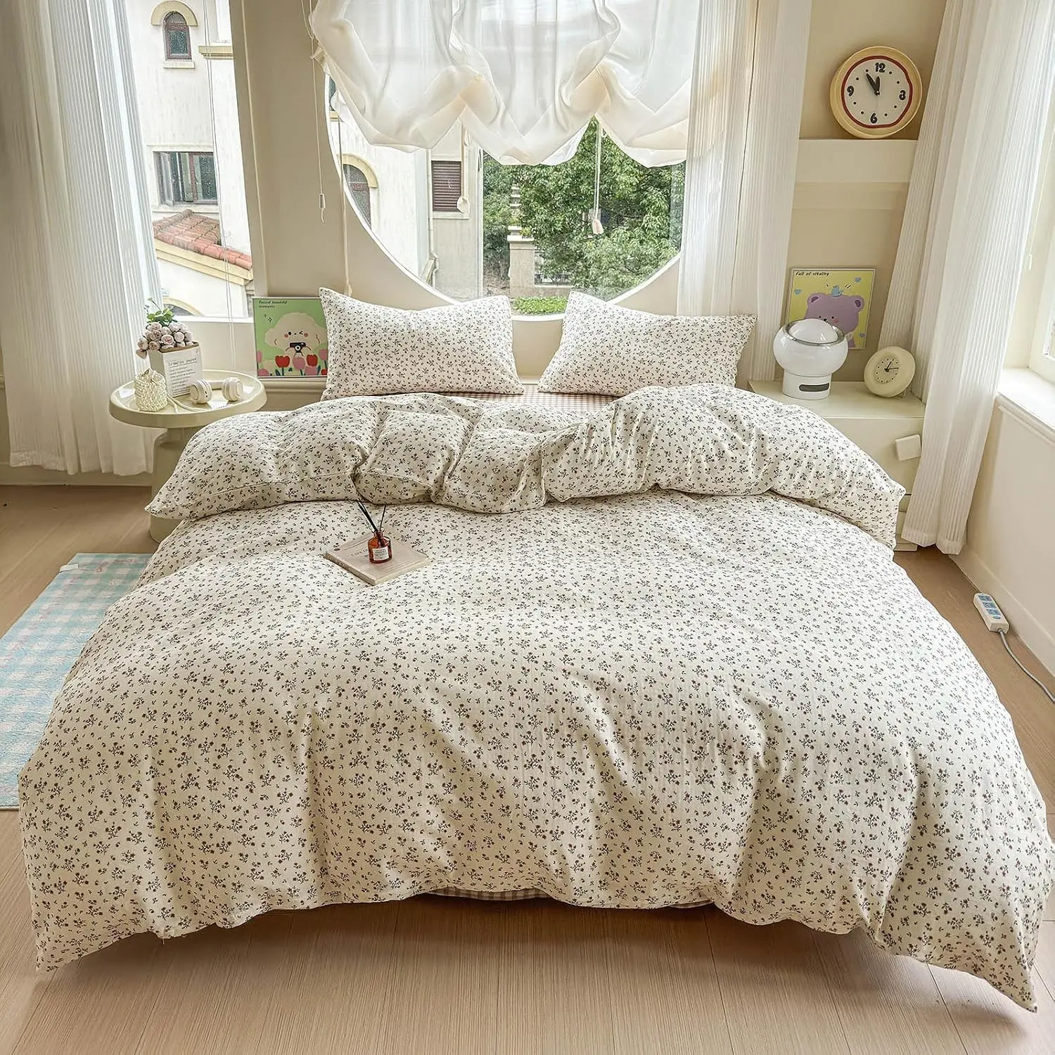 Floral Duvet Cover Queen Size Boho Muslin Cotton Queen Comforter Cover Double Gauze Lightweight Chic Cute Duvet Cover Set with 2 Pillow Cases Soft Bedding Set for Girls Rustic Duvet Protector