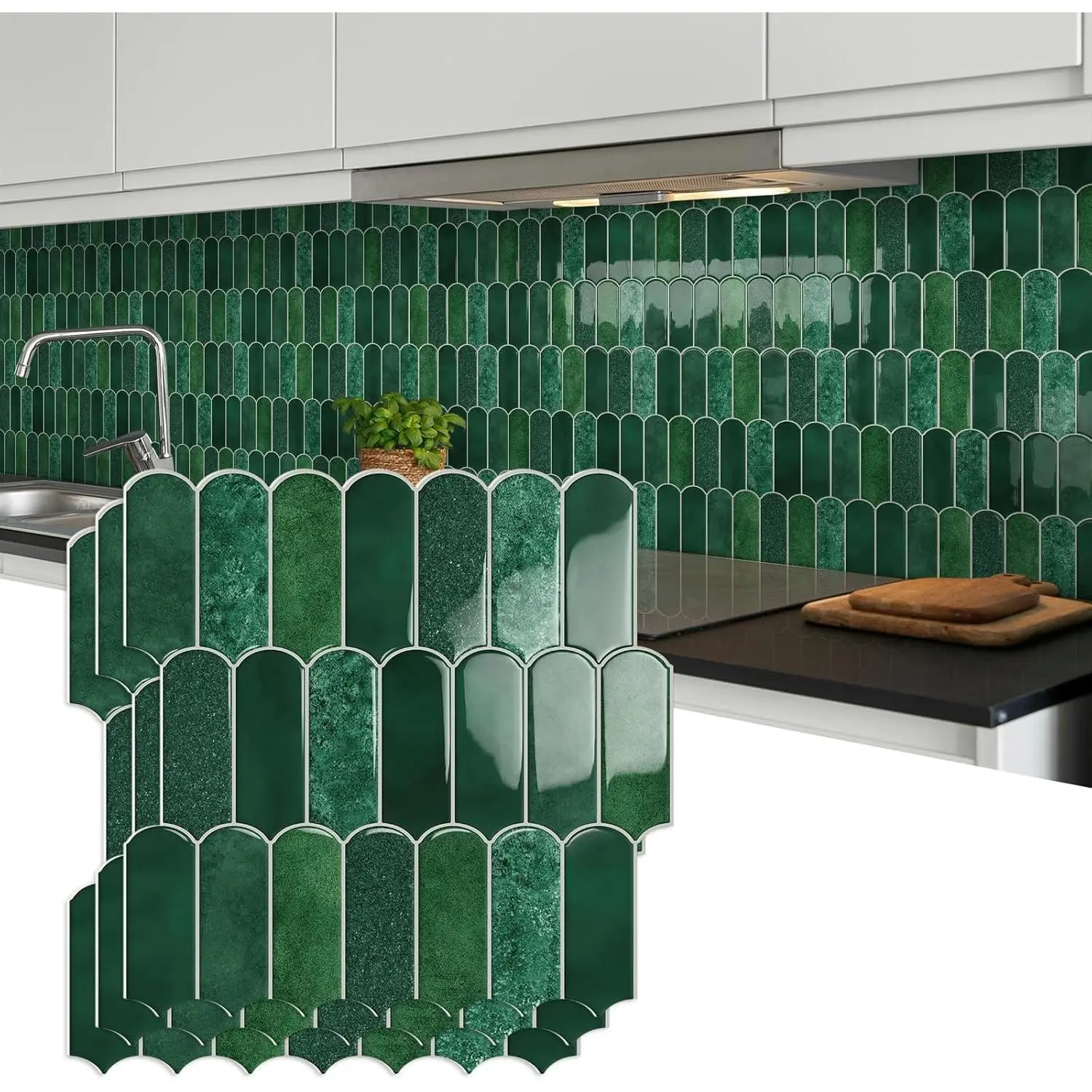 10-Sheet Upgraded Thicker Peel and Stick Kitchen Backsplash Tiles,Waterproof Self-Adhesive Vinyl Wall Tile Stick on Backsplash for Kitchen,Bathroom,Fireplace and RV(Forest Green,12"×12")
