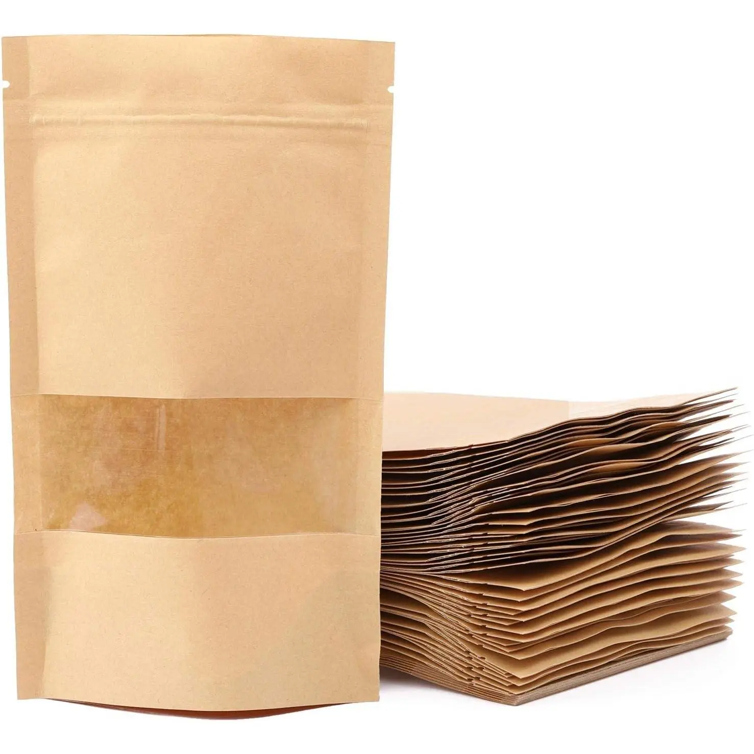 100pcs Kraft Paper Treat Bags with Window, Ziplock Stand Up Pouches for Packing Food Cookies Snacks