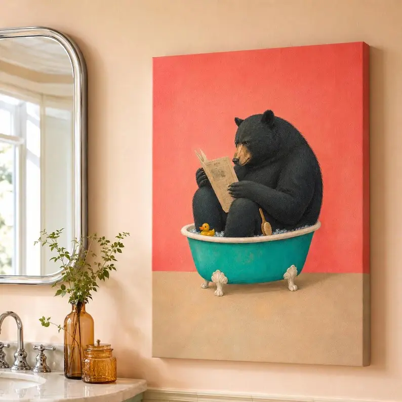 Bear in Bathtub Reading Newspaper, Funny Bathroom Canvas Art, Colorful Eclectic Wall Decor