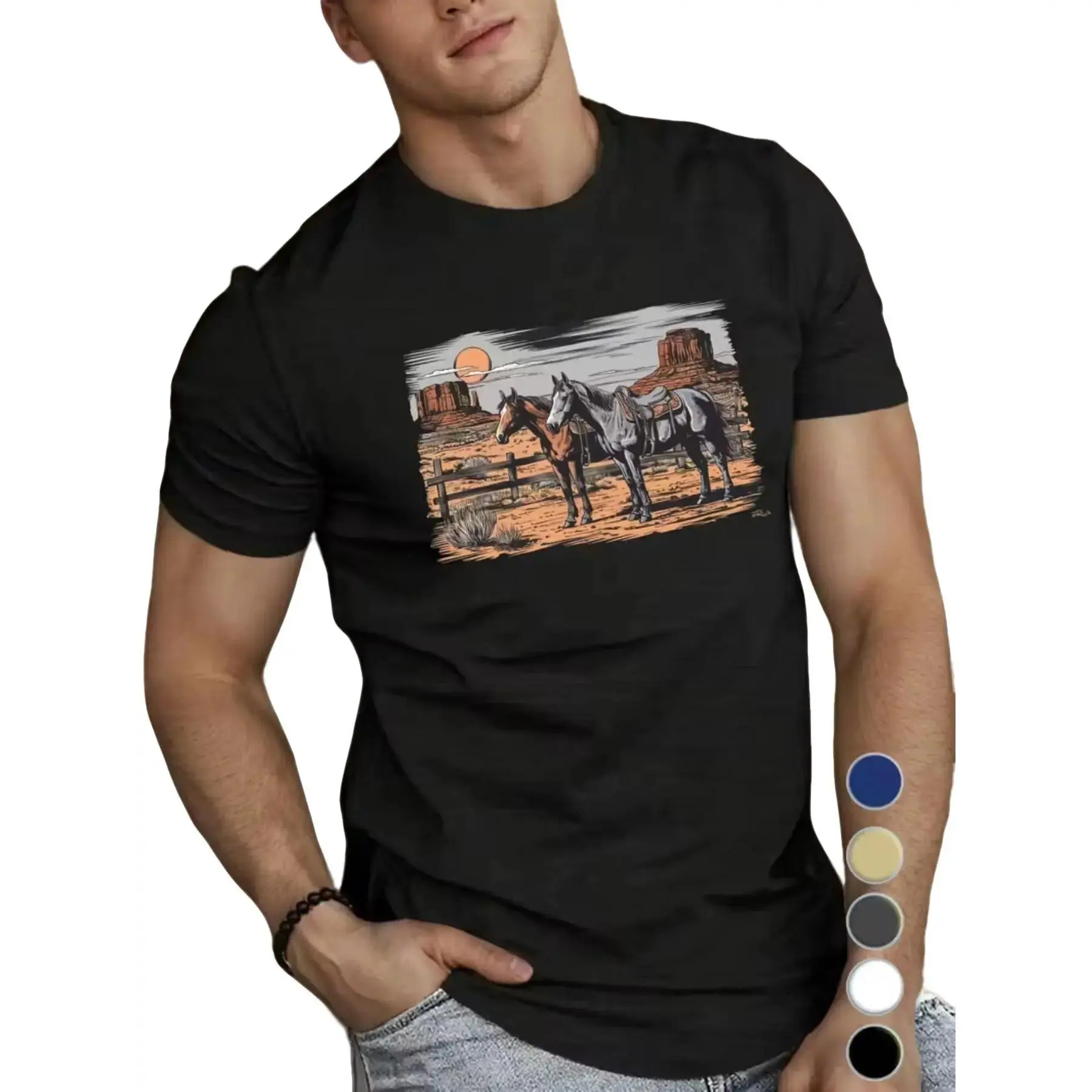 Men's Casual Western Horse Print Desert Scene Short-Sleeve T-Shirt - Breathable Fabric, Elastic Round Neck, All-Season Sport & Outdoor Top