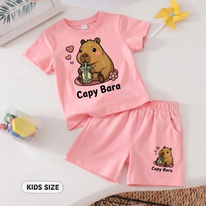 Girls’ Cute Capybara Graphic Short Sleeve T-Shirt and Shorts Set, Casual Summer Two Piece Outfit with Crew Neck Top and Comfortable Shorts for School, Travel, Daily Wear and Outdoor Activities