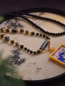 Tibetan Style Amulet Chain, Thangka Pendant Cord, Natural Black Agate & Dzi Bead Necklace for Jewelry Matching