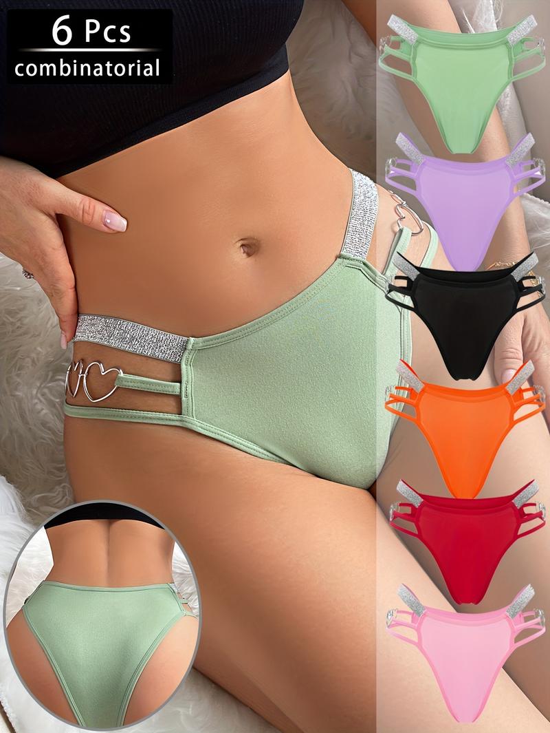 6 Pack Women's Sexy Heart-Shaped Chain Bikini Panties - Mixed Colors, Fashionable Soft Breathable Nylon Blend, Mature Elegant Low-Waist Design, Suitable for Parties and Romantic Dates Swim Knicker