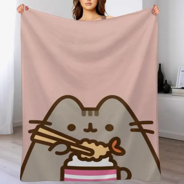 Cute Cartoon Pusheen Cat Pink Plush Blanket - Kawaii Noodle-Eating Kitty Throw, Soft Cozy Warm All-Season Whimsical Home Decor for Cozy Bed, Girly Dorm Gift