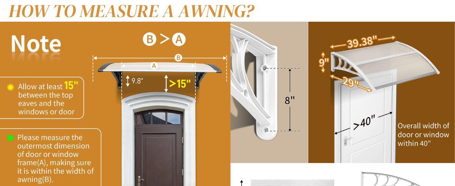 Karlhome Window Awning Door Awning, Polycarbonate Cover Front Door Outdoor Patio Awning UV Protection Rain Snow Sun Protection Hollow Core Panel, High Quality ABS and Polycarbonate Material