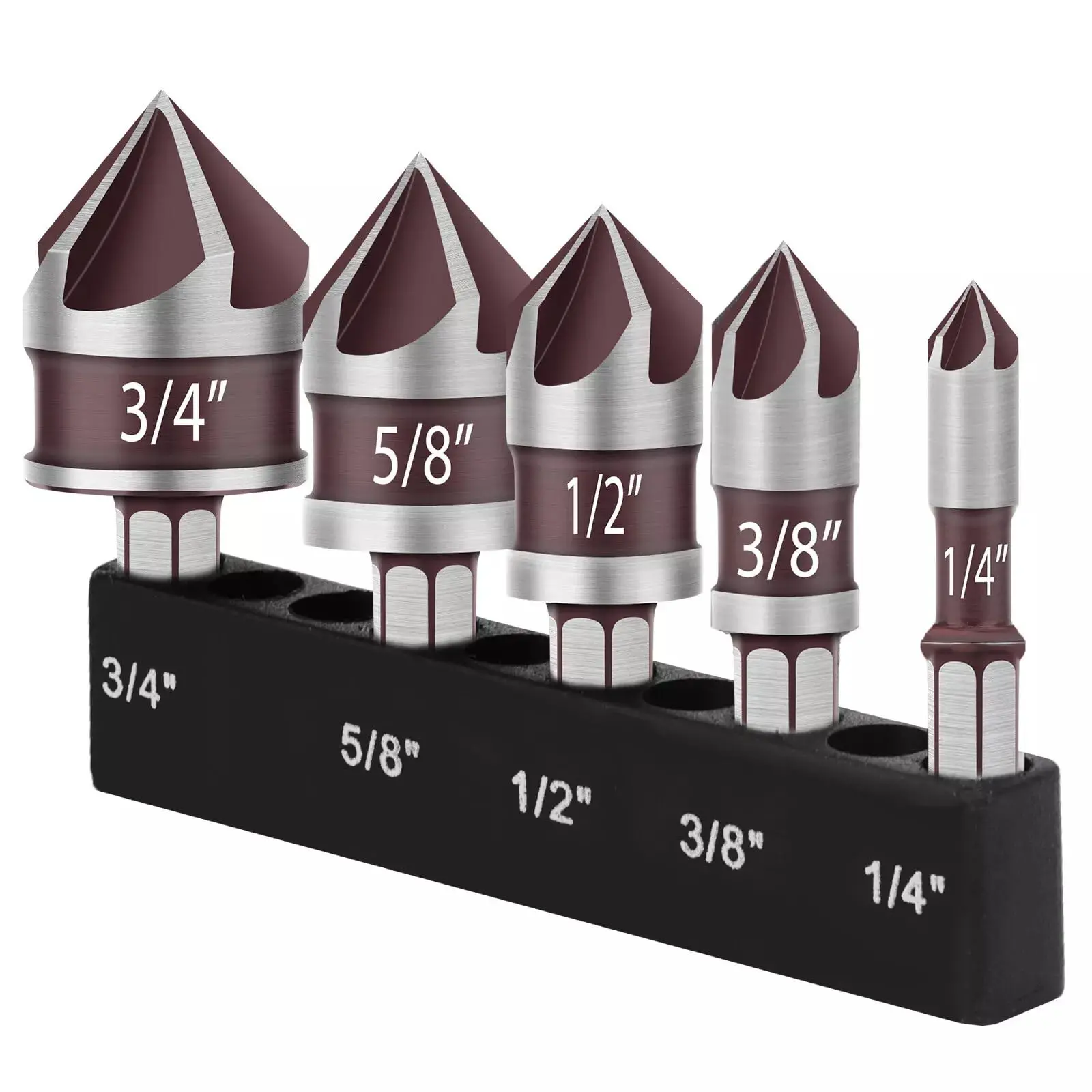 Countersink Drill Bit, 5PCS 82 Degree HSS 1/4"-3/4" with 1/4" Hex Shank Countersink Drill Bit Set, Counter Sink Drill Bit for Wood, Metal, Plastic, Countersink Bit for Woodwork Drill Bits Kit Multifunctional Drill Bit