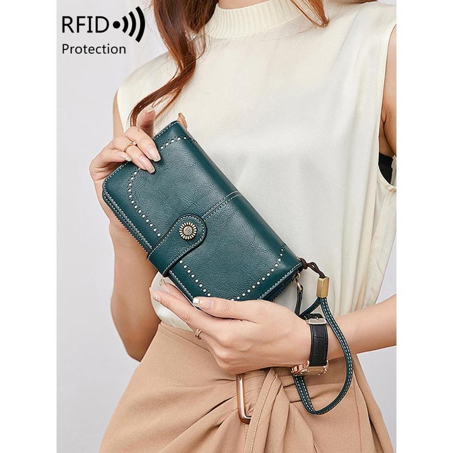 Women's Elegant Solid Color Long Wallet with Wrist Strap, RFID Blocking Zipper Closure, Large Capacity Multi-Functional Daily Purse