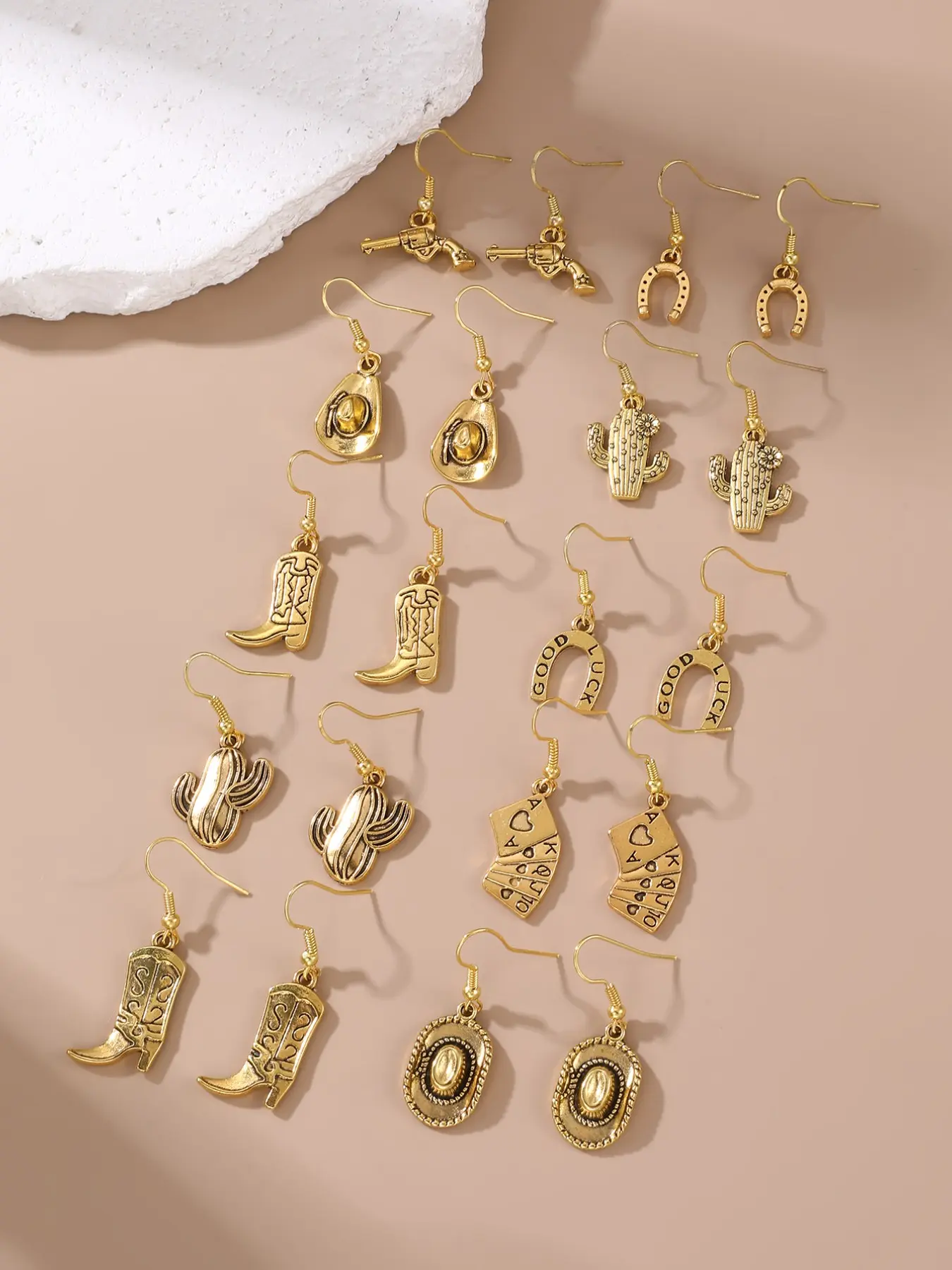 10 Pairs Vintage Western Earrings Set, Cowboy Elements, Horseshoe Cactus Ear Jewelry, Versatile All-Season Accessory, Western Fashion, Vintage Statement Earrings
