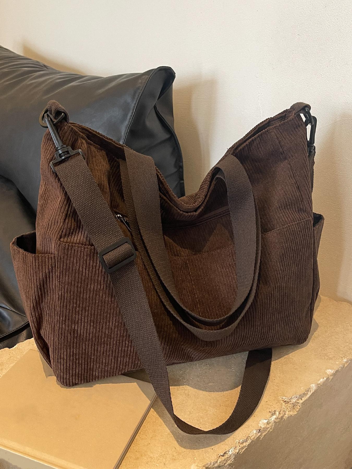Trendy Corduroy Tote Bag, Women's Solid Color Large-Capacity Durable Shoulder Bag for Daily Use, Casual Matching School Bag for Outdoor Activities