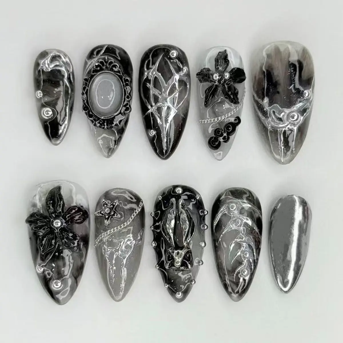 24pcs Gothic Silver Press on Nails, Midnight Veil Dark Cool Almond False Nails, 3D Flower Chain Metallic Design, Reusable Fake Nails with Jelly Glue, Decorative Nails