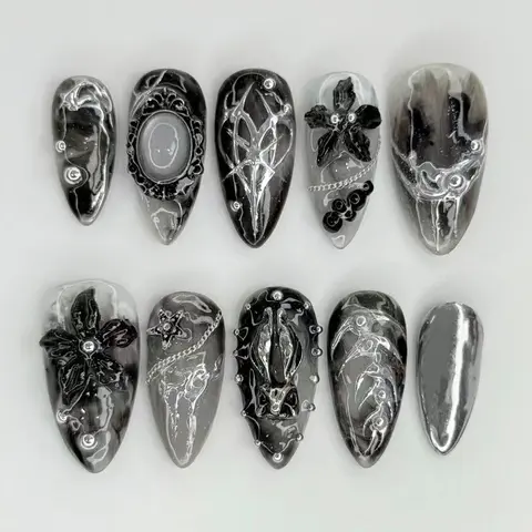 10-Piece Gothic Black and Silver Press-On Nail Set, Medium-Long Almond Nails with 3D Flower, Chain and Chrome-Effect Accents