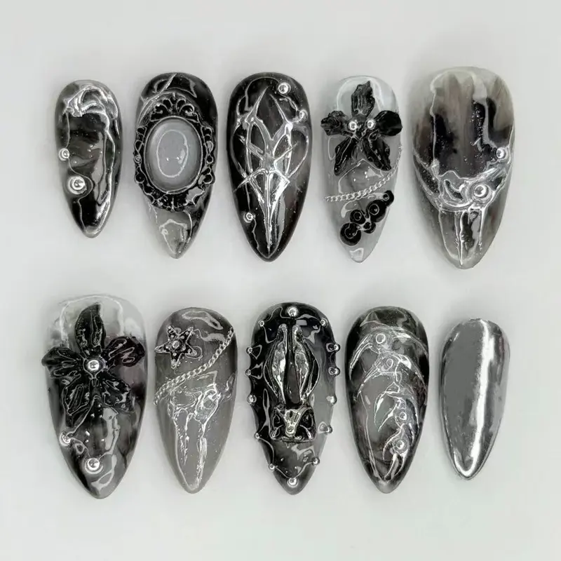 10-Piece Gothic Black and Silver Press-On Nail Set, Medium-Long Almond Nails with 3D Flower, Chain and Chrome-Effect Accents