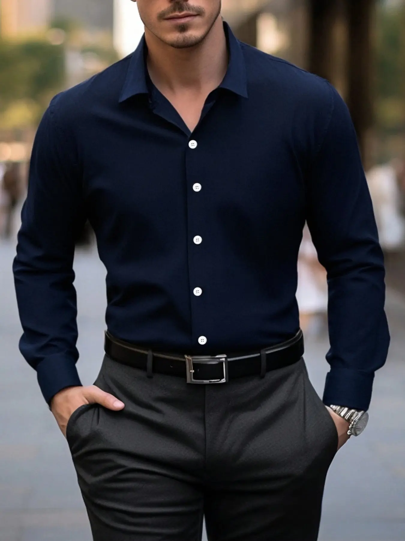 Men's Business Iron-Free Long Sleeve Plain Shirt with Hemming, Formal Office Wear, Professional Look for Meetings & Workouts, Durable Stitching Design, Button Up Tops, Button Front Shirts