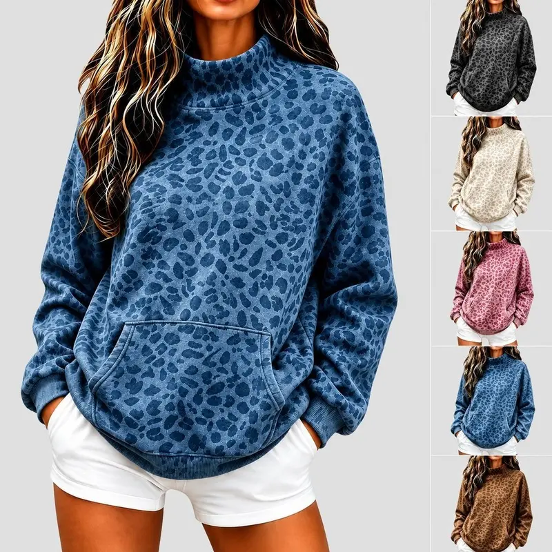 2026 new leopard print high-neck sweatshirt for women, loose and casual long-sleeved style, suitable for autumn and winter, with a retro vibe