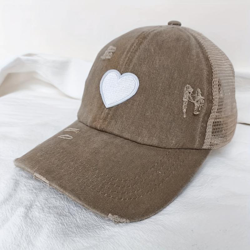 Women's Baseball Cap with Ponytail Hole - Distressed Heart Embroidery, Breathable Mesh Brim, Comfortable for Daily Wear & Outdoor Sports