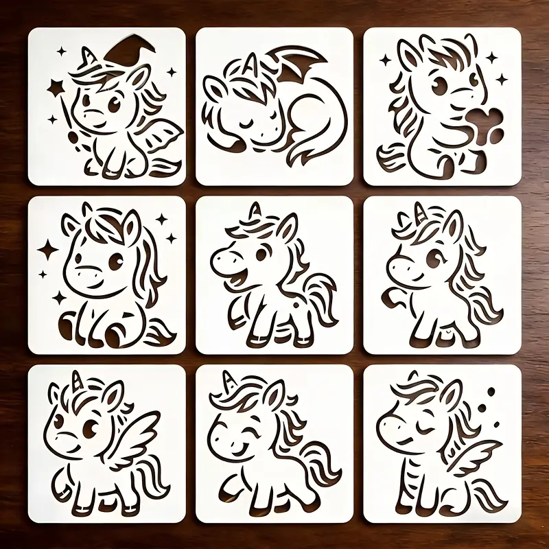 9-piece unicorn template set  Cute cartoon horse pattern, reusable craft art tool, suitable for handicrafts, scrapbooking, airbrush art, and painting gift ideas