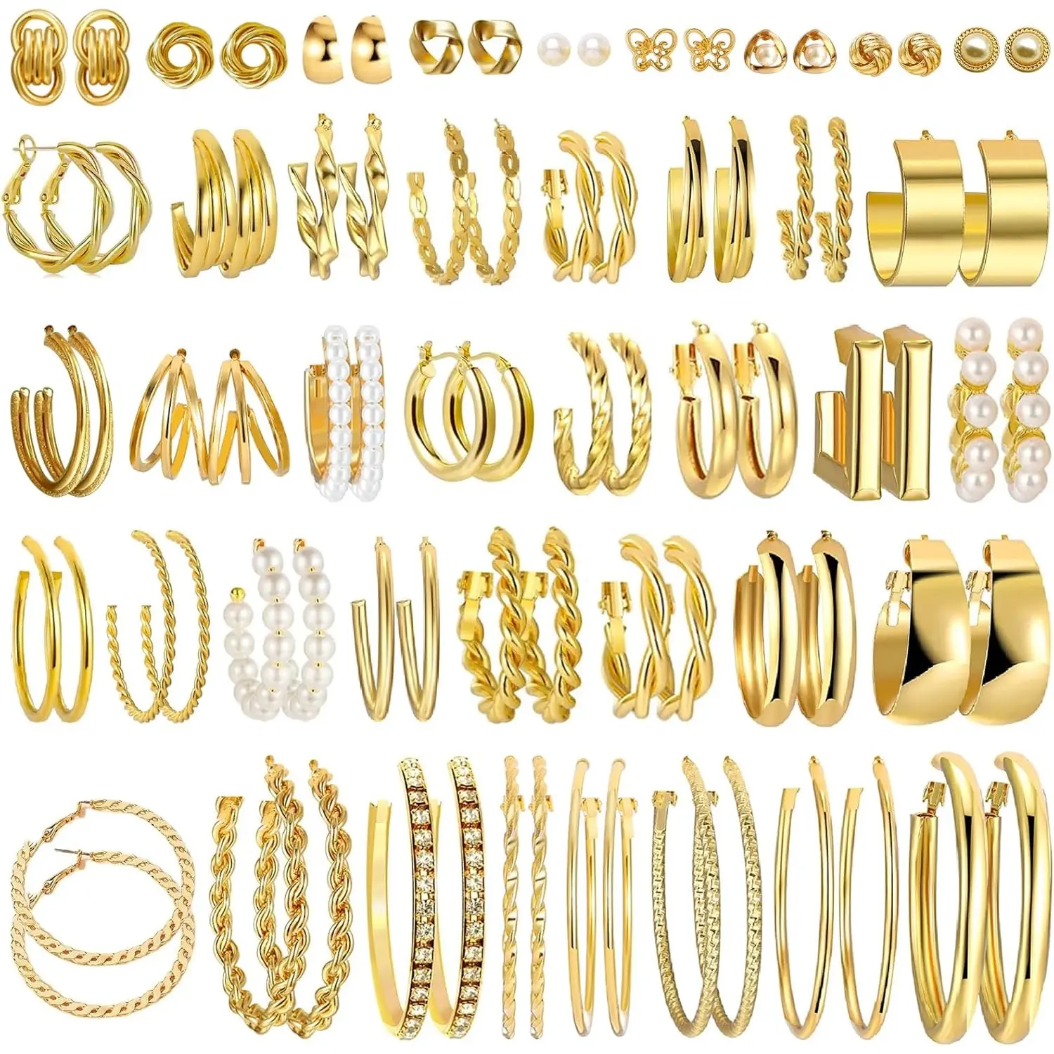 41 Pairs Golden Tone Hoop Earrings Set for Women, Golden Tone Plated Chunky Twisted Pearl Hoops, Small to Large Statement Earrings Multipack, Fashion Jewelry for Daily Party Travel Gift