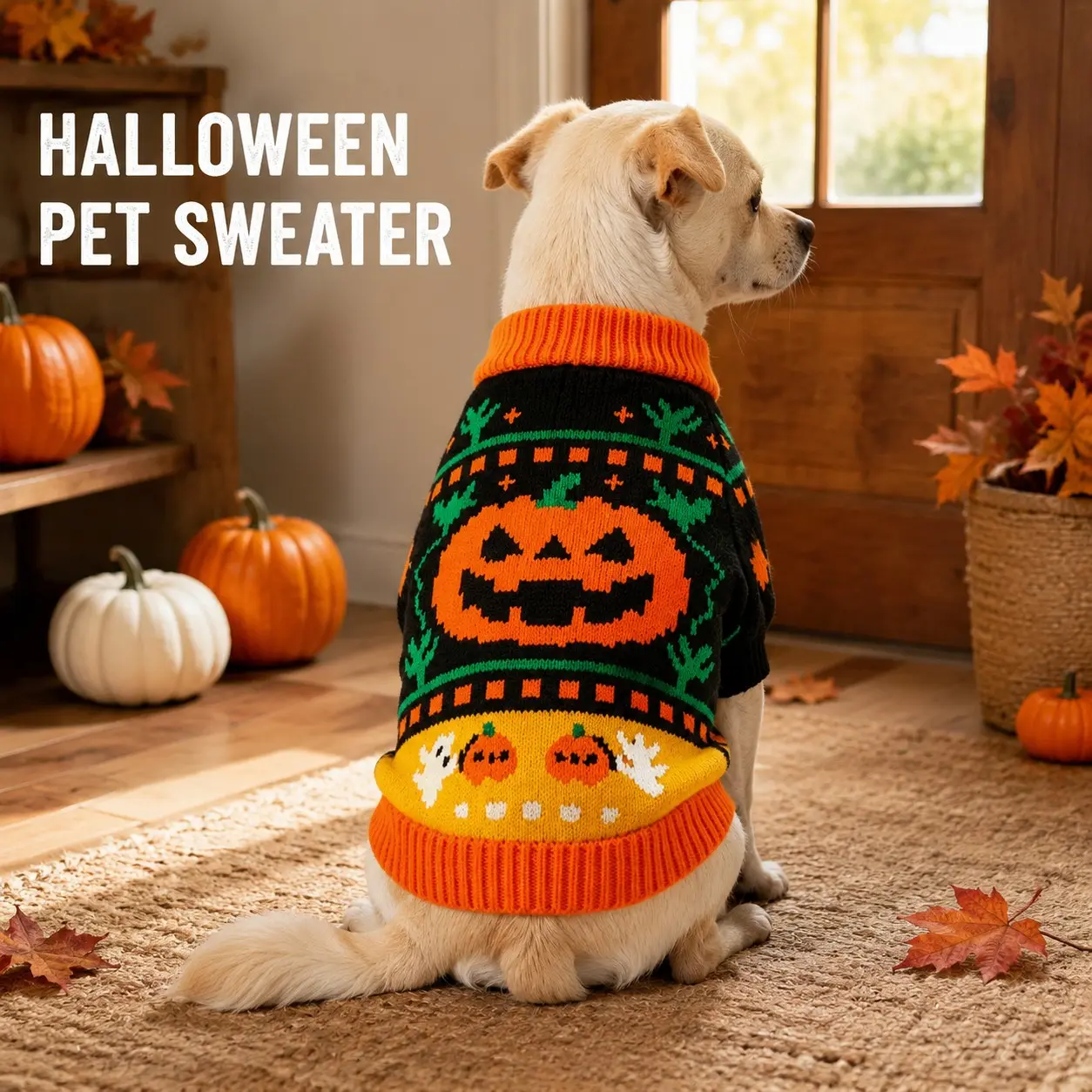 Halloween Pet Sweater, Pumpkin Ghost Knit Dog Clothes, Fall Winter Festival Cat Warm Top, Cozy Animal for Festive Season