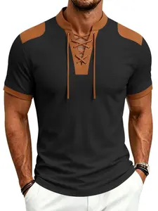 Summer Men's Loose Fit Trendy Waffle Patchwork Medieval Drawstring Viking Leader Henry Short Sleeve, Stylish and Comfortable
