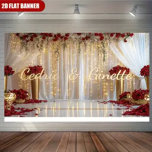 Custom Name Rose Wedding Banner Backdrop Luxury Romantic Style Polyester Fiber Tapestry Wall Hanging Photography Background Proposal Bridal Shower Home Studio Event Indoor Outdoor Durable Fabric