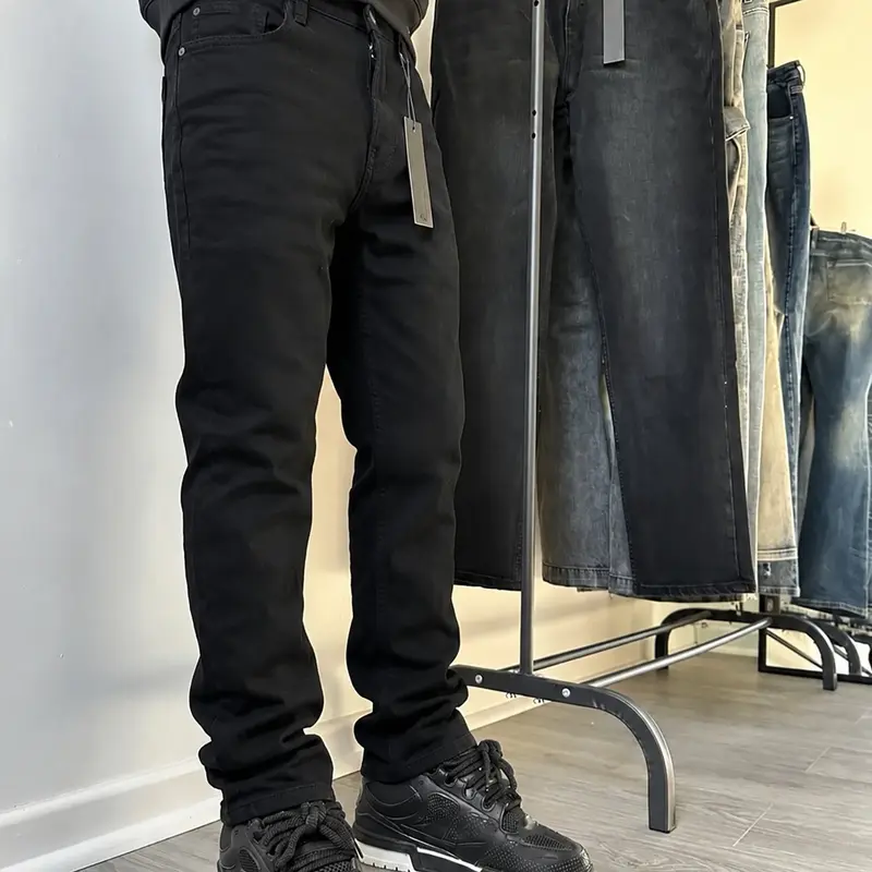 Men's Slim-Fit Denim Jeans, Basic Plain Jeans, Plain Color, Elastic Straight Leg, Business Long Pants, Soft Cotton Fabric, All Seasons Wear