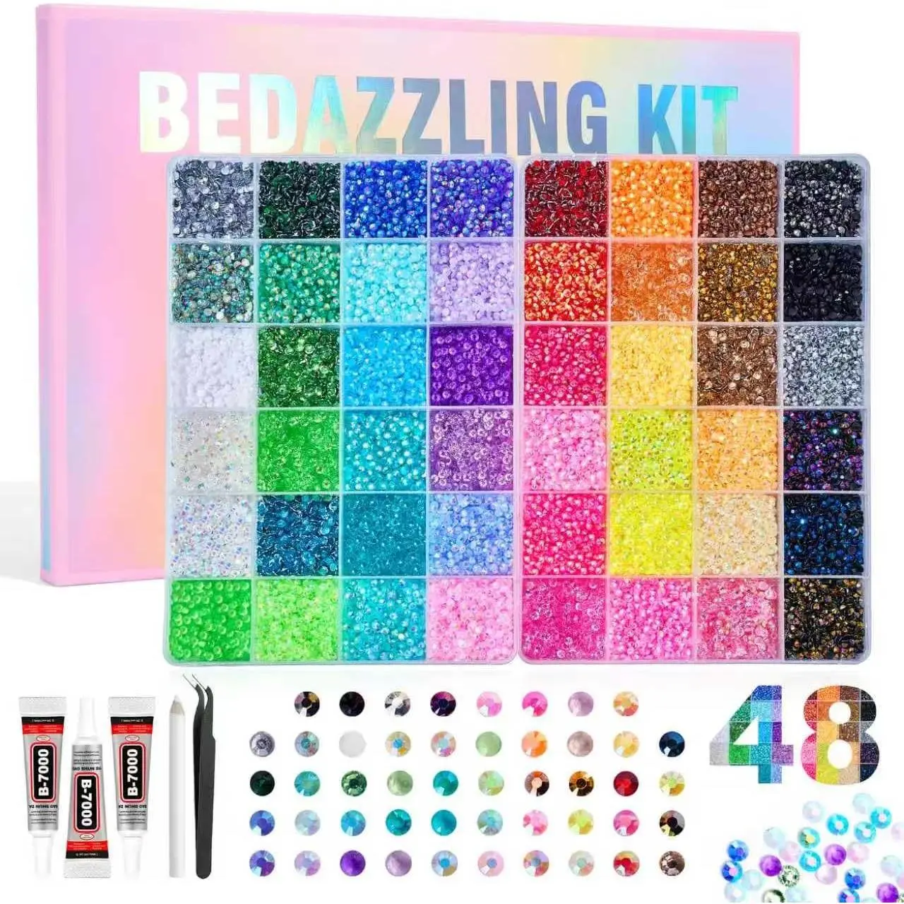 44000 Pcs Resin Jelly Rhinestones Bedazzling Kit - 48 Colors Bedazzler Kit with Rhinestones for Diamond Art - 3mm Bedazzle Kit with 3 Pcs Glue for Nail Art Crafting Makeup