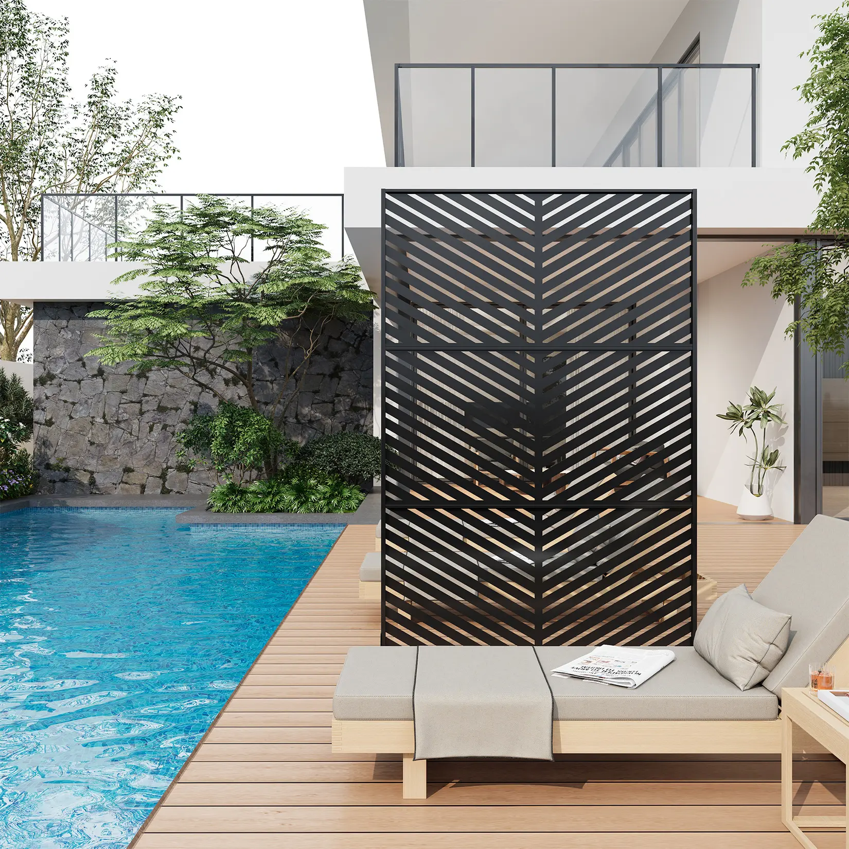 Freestanding Outdoor Metal Privacy Screen - Freestanding Partition Screen, Single Panel Decorative Galvanized Steel Fence with Stake Installation, Weatherproof Coat, Chevron Pattern, Palm Cutouts, Matte Black Room Divider for Patio, Garden