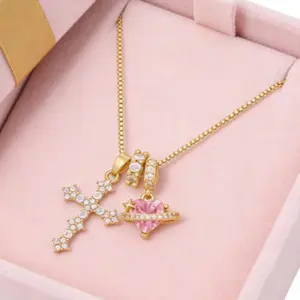 Heart-shaped zircon cross necklace, dopamine zircon necklace DDXL0104, independent station tk pink zircon copper jewelry sweater