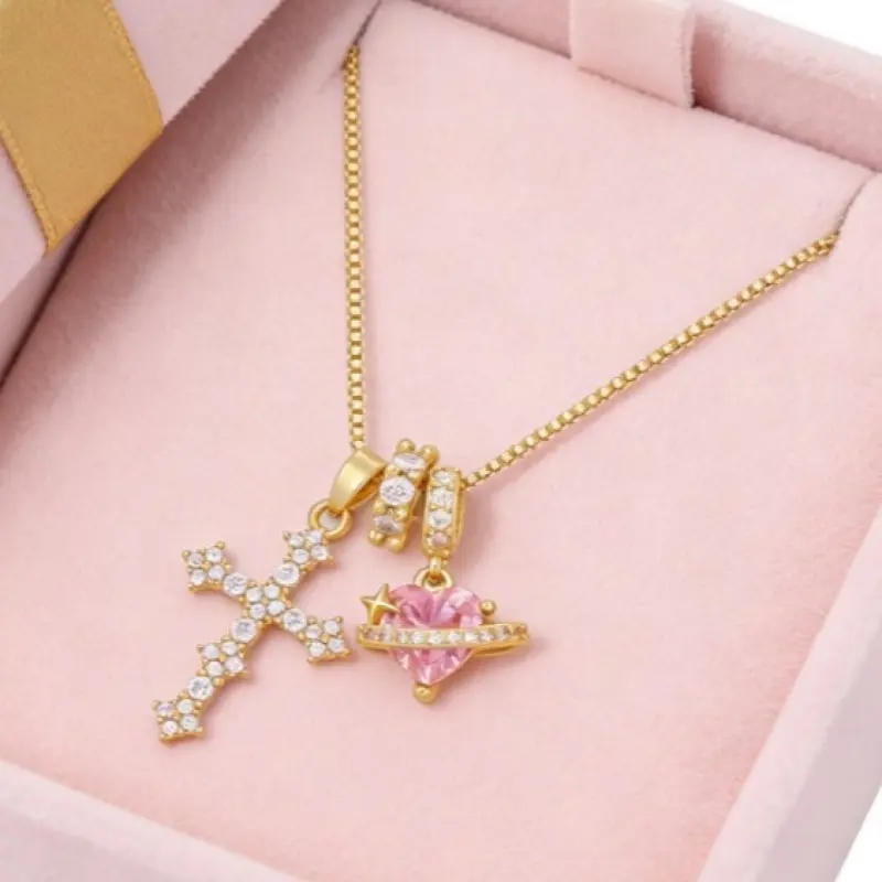 Heart-shaped zircon cross necklace, dopamine zircon necklace DDXL0104, independent station tk pink zircon copper jewelry sweater