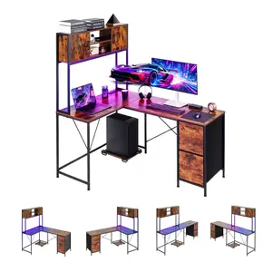 VEVOR L-Shaped Gaming Desk with LED Lights, 62.2-inch Reversible Corner Computer Desk with Power Outlets, Movable CPU Stand Storage Drawers, Modern Stylish PC Gaming Table for Home Office