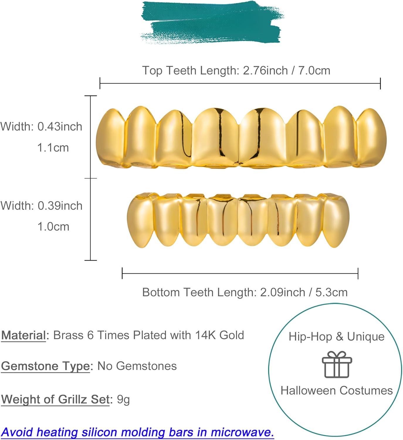 Grillz 14K Plated Gold Grills for Teeth Men 6-8 Teeth Caps Top Bottom Set Mens Mouth Dental Grillz Teeth Vampire Fangs