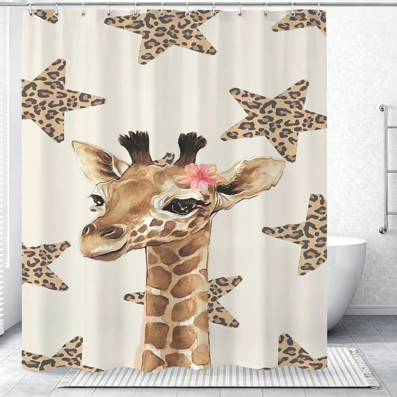 Giraffe Pattern Shower Curtain, Measures 72x72 Inches, Comes With Plastic Hooks For Easy Installation, Modern Polyester Bathroom Decor