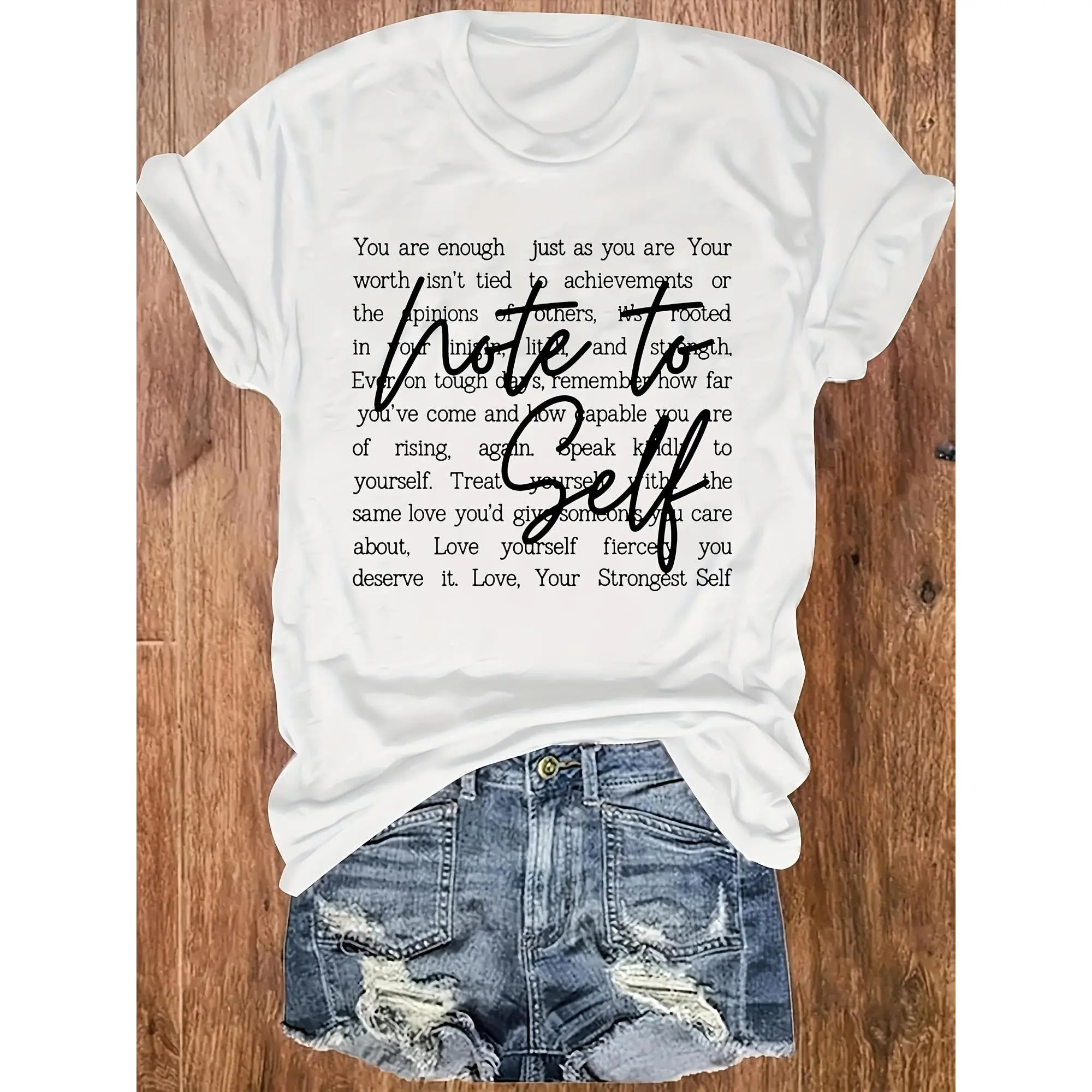 's Self-Love Affirmation T-Shirt - Love Yourself Suitable for All Seasons Short Sleeve Round Neck Blouse Top with Motivational Slogan Print, Casual Comfortable Casual Attire for Workouts & Lounge, Non- Shirt
