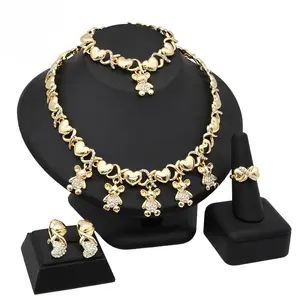 Women's 4-Piece Gold Plated Waterproof Alloy Jewelry Set - Cute Rhinestone Teddy Bear Heart Link Crystal Necklace, Dangle Earrings, Bracelet, Ring - Glamorous Comfortable Daily Statement Jewelry, Ideal Birthday Gift